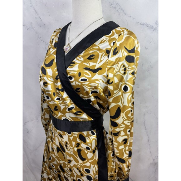 BCBG Maxazria Y2k Satin Adele Wrap Dress M Black Gold Long Sleeves Abstract - Picture 8 of 14